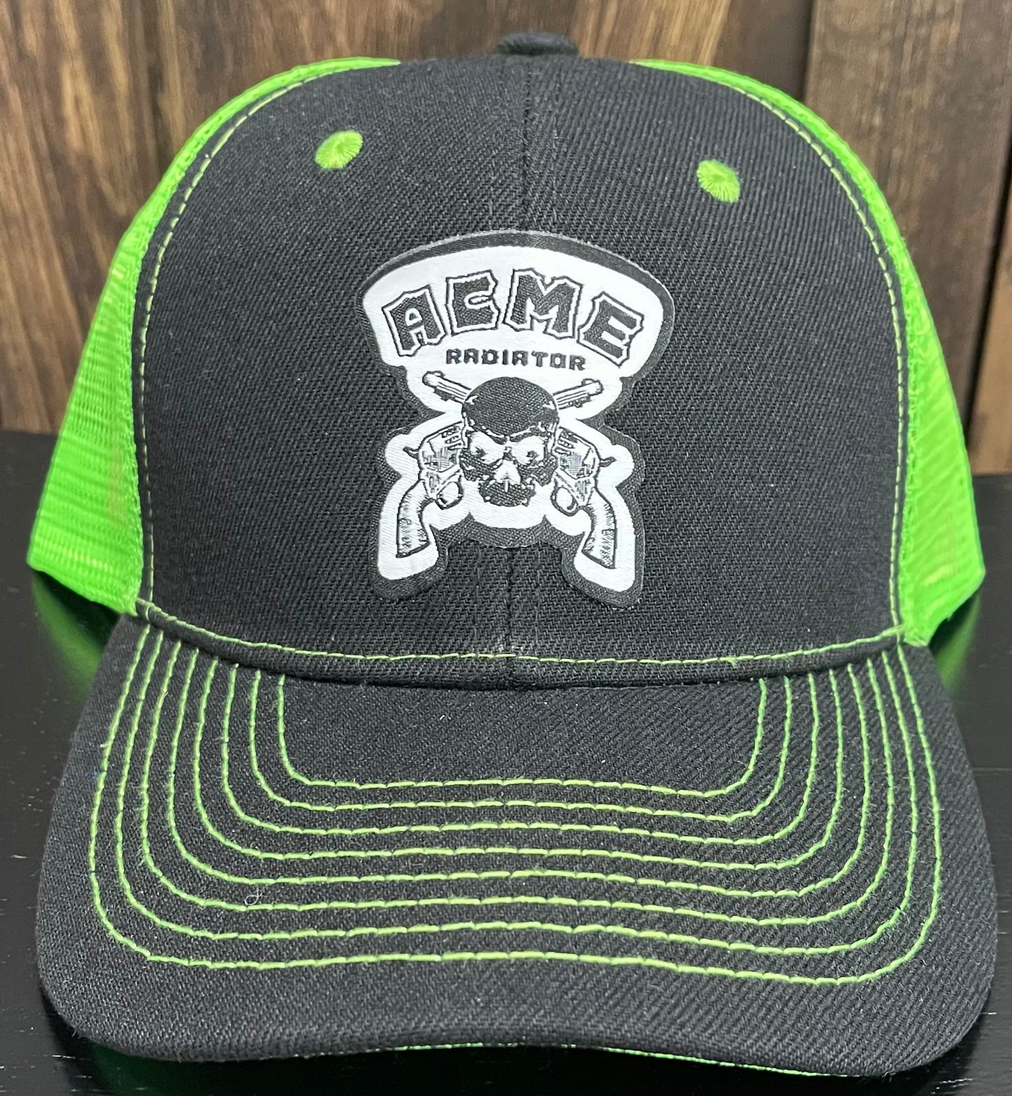 ACME Radiator Skull & Guns Woven Patch - Structured Mesh Snapback Hat - Neon Green
