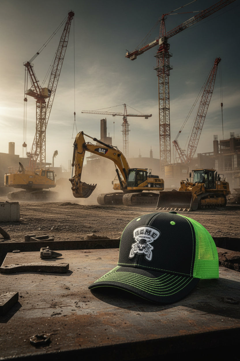ACME Radiator Skull & Guns Woven Patch - Structured Mesh Snapback Hat - Neon Green