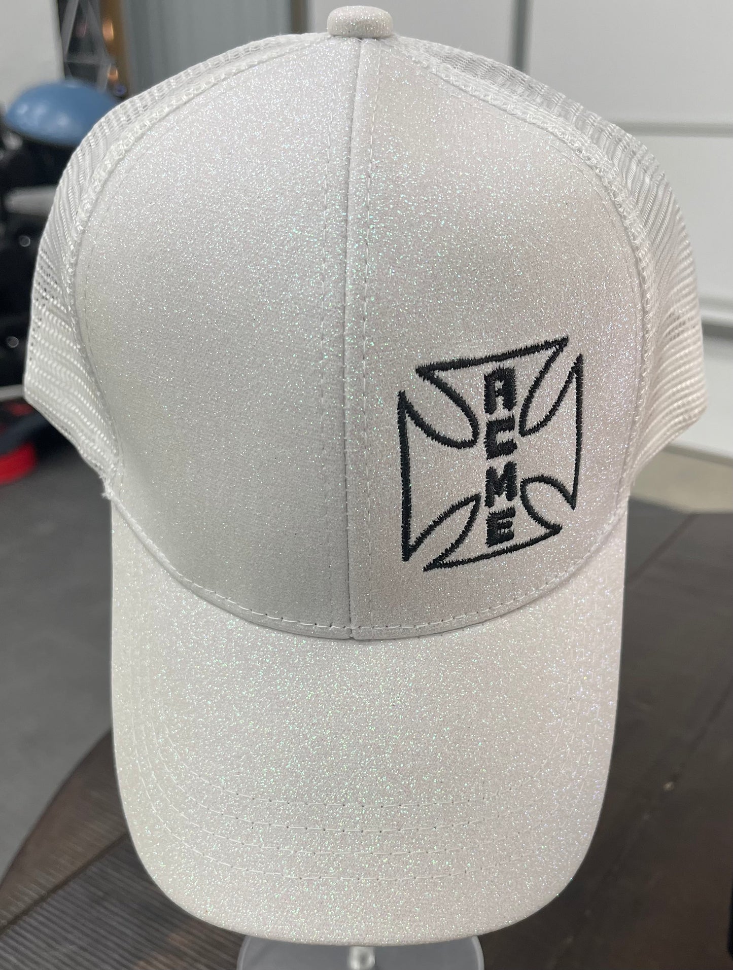 ACME Embroidered Logo - Glitter Ponytail Trucker Hat - White