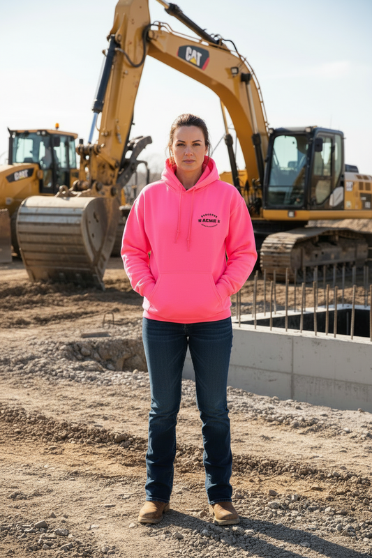 A woman stands on a construction site wearing a bright pink hoodie with a Acme Radiator and Heavy Equipment logo, dark blue jeans, and brown boots, with yellow CAT excavators in the background.