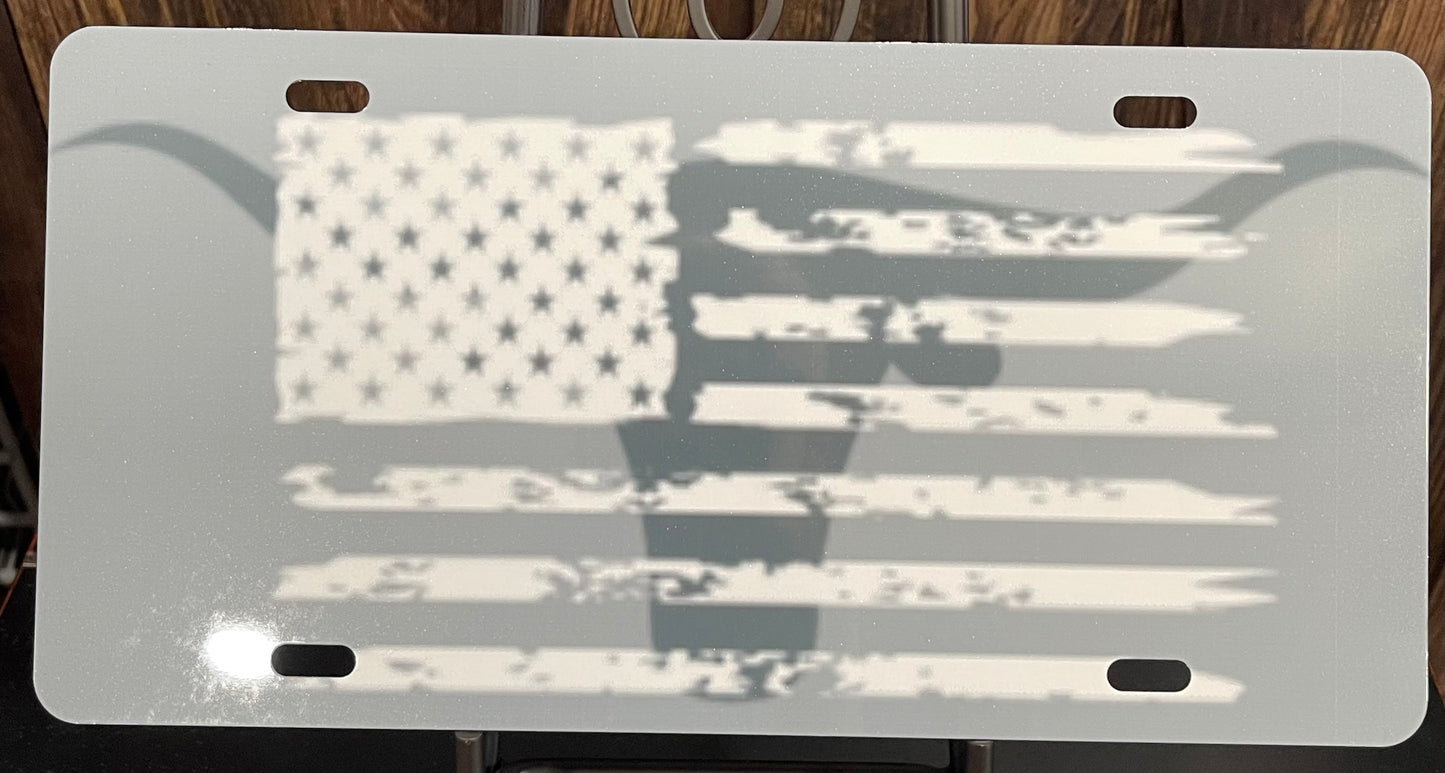 Longhorn & American Flag License Plate