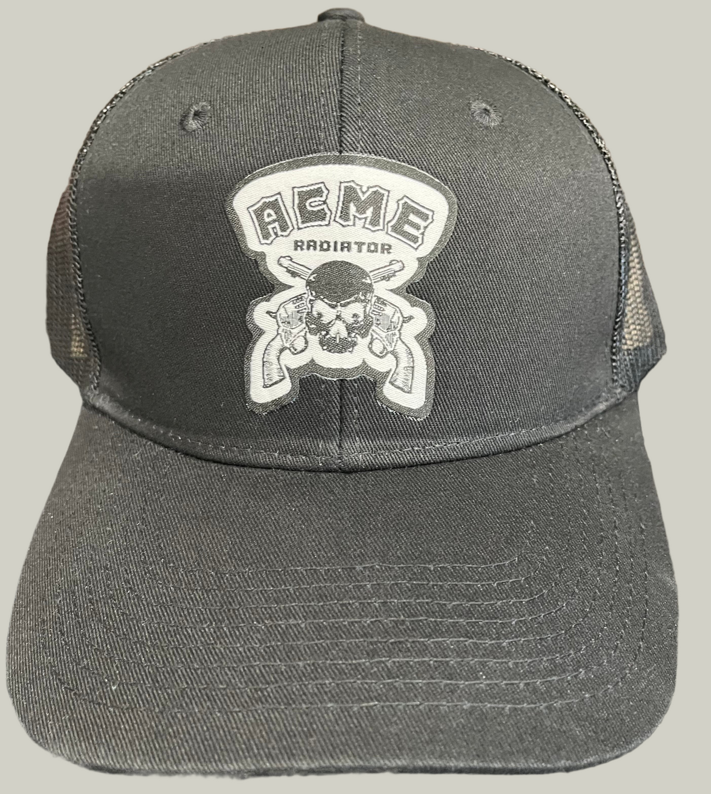 ACME Radiator Skull & Guns Woven Patch - Snapback Trucker Hat - Black