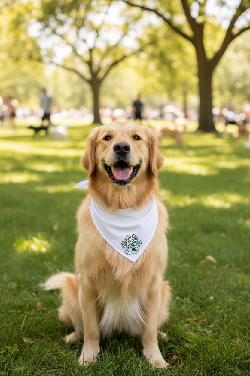 A white dog bandana with a paw print pattern.
