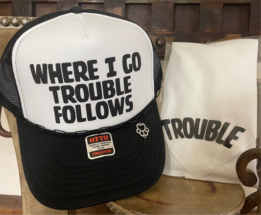 Dog Where I Go Trouble Follows - OTTO Foam Trucker Hat with Hat Chain & Bandana