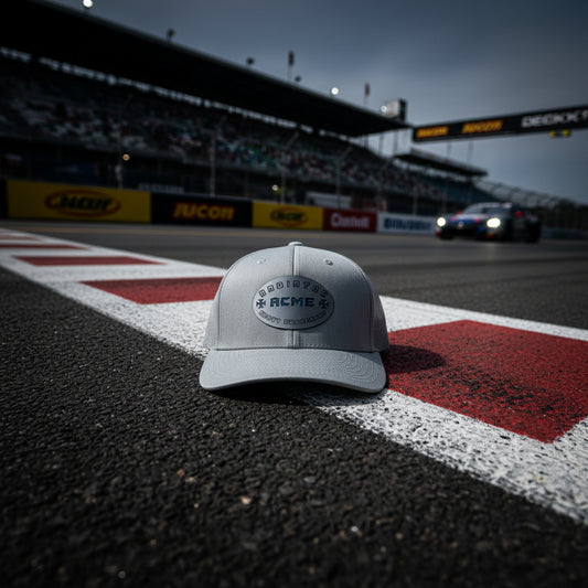 A light gray trucker-style cap with a curved brim, featuring a metallic oval patch that reads 'RADIATOR ACME HEAVY EQUIPMENT' and a black hanging tag and sticker both branded Decky Classic Original.