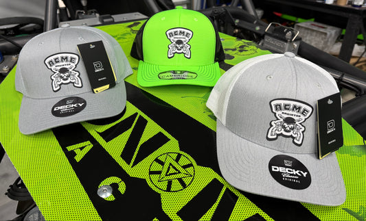 ACME Radiator Skull & Guns Woven Patch on the Pit Bull Cambridge Neon Trucker Hat