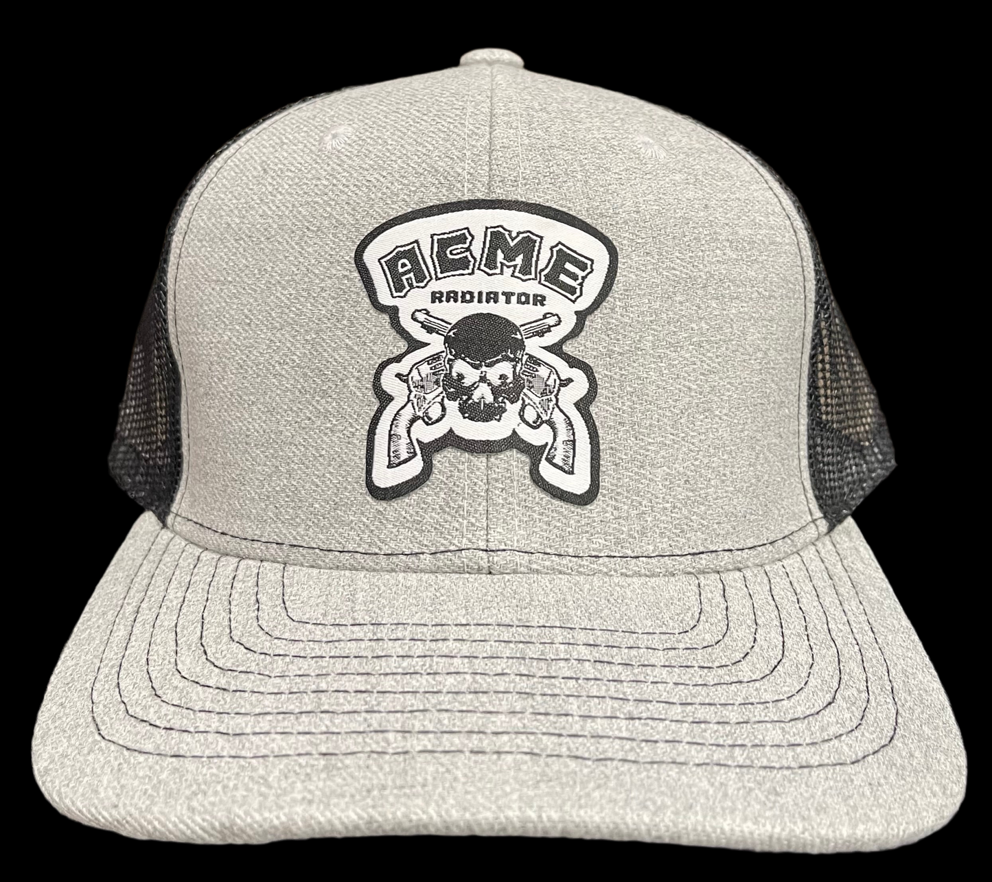 ACME Radiator Skull & Guns Woven Patch - Snapback Mesh Trucker Hat - Heather Gray & Black