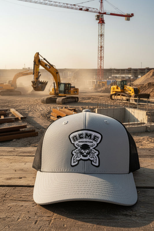 A light gray and black trucker cap with a black mesh back, featuring a white and black 'ACME Radiator' skull patch on the front. The cap has a gray retail hangtag and a black circular 'Decky Classic Original' sticker on the brim.