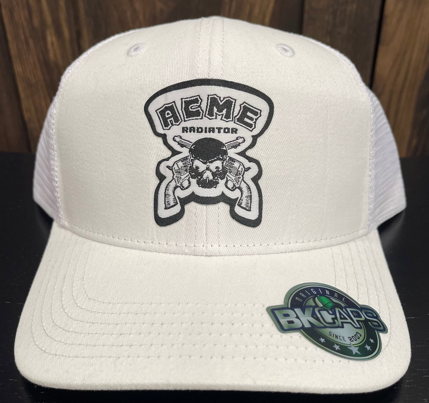 ACME Radiator Skull & Guns Woven Patch - Trucker Hat - White