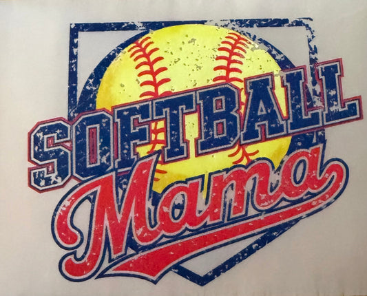 A distressed graphic print featuring a yellow softball with red stitching, outlined in a blue baseball-style frame, with the words 'SOFTBALL Mama' in large red and blue lettering on a white background.