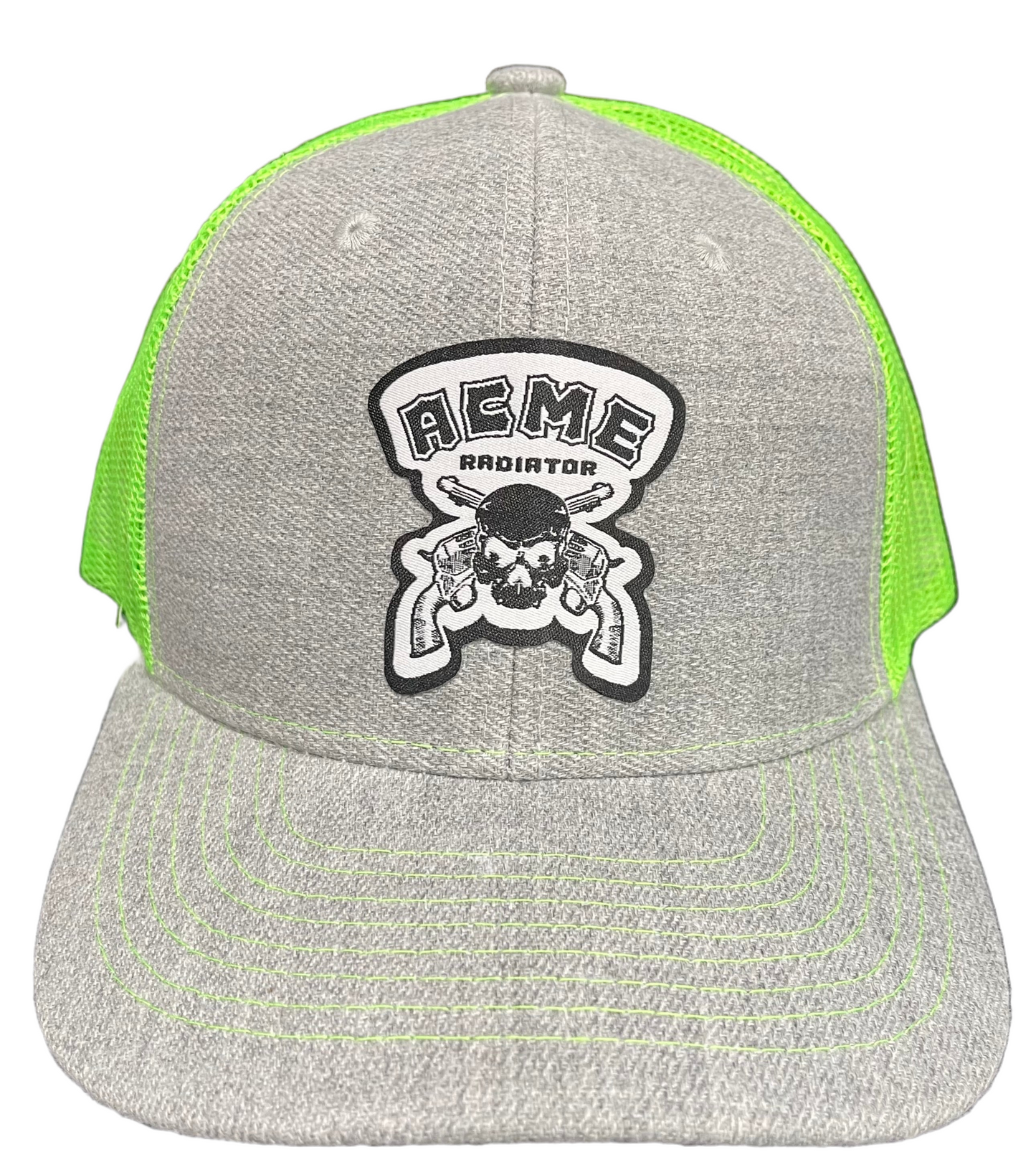 ACME Radiator Skull & Guns Woven Patch - Snapback Mesh Trucker Hat - Heather Gray & Neon Green