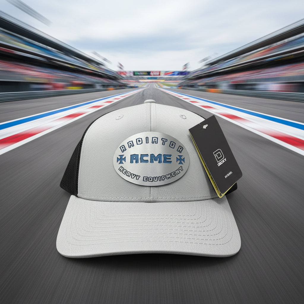 A light gray and black trucker hat with a curved brim, featuring a metallic silver oval patch with blue text that reads 'RADIATOR ACME HEAVY EQUIPMENT' and a black hangtag and sticker on the brim.
