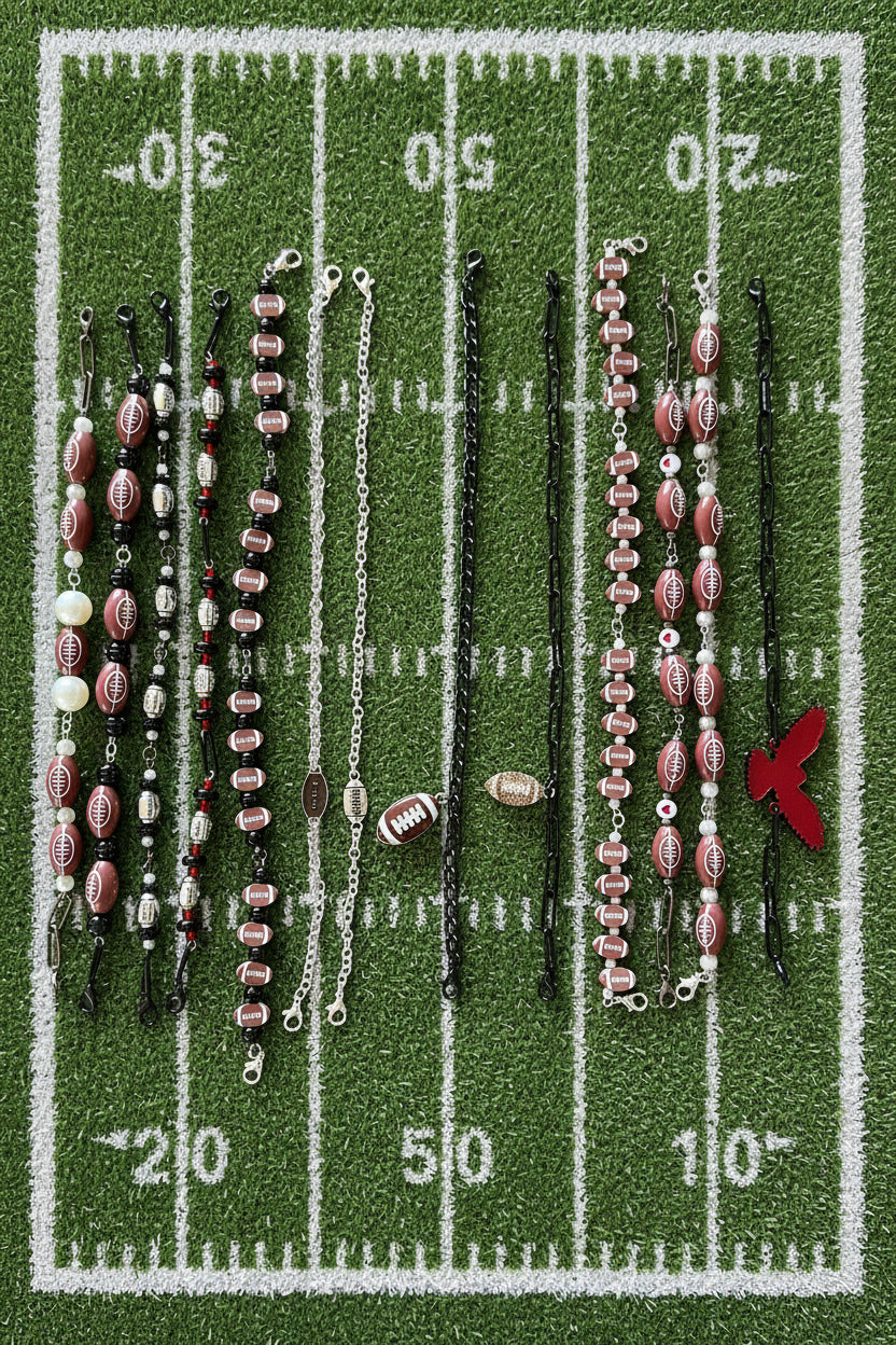 A collection of football-themed beads.