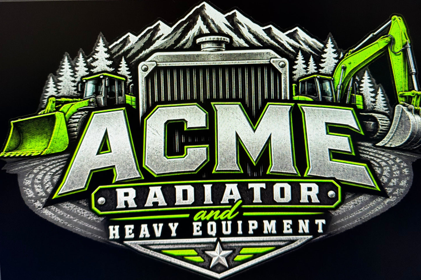 Graphic logo for 'ACME Radiator and Heavy Equipment' featuring a vintage truck grille, mountains, and excavator against a dark background.