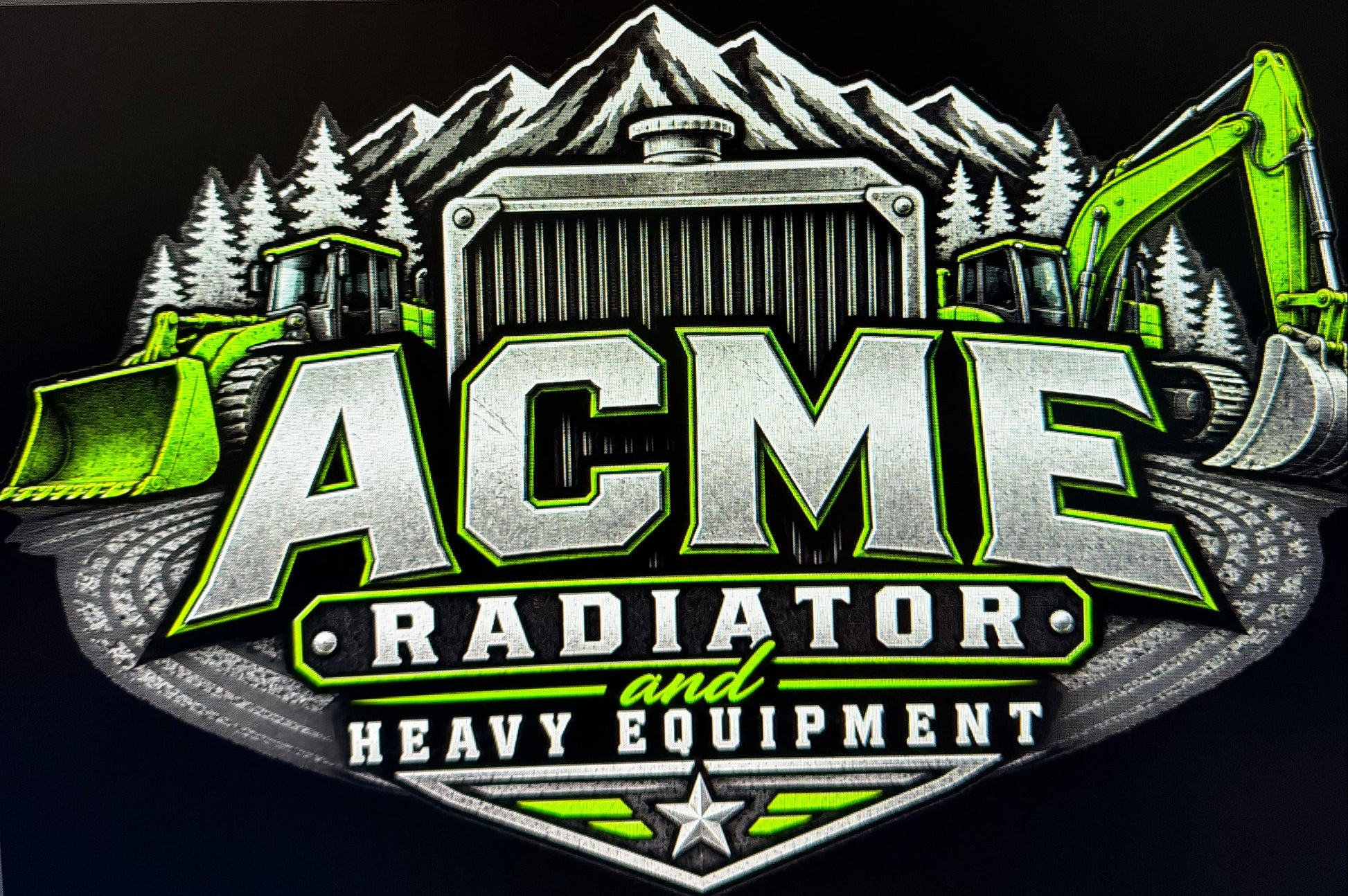 Graphic logo for 'ACME Radiator and Heavy Equipment' featuring a vintage truck grille, mountains, and excavator against a dark background.