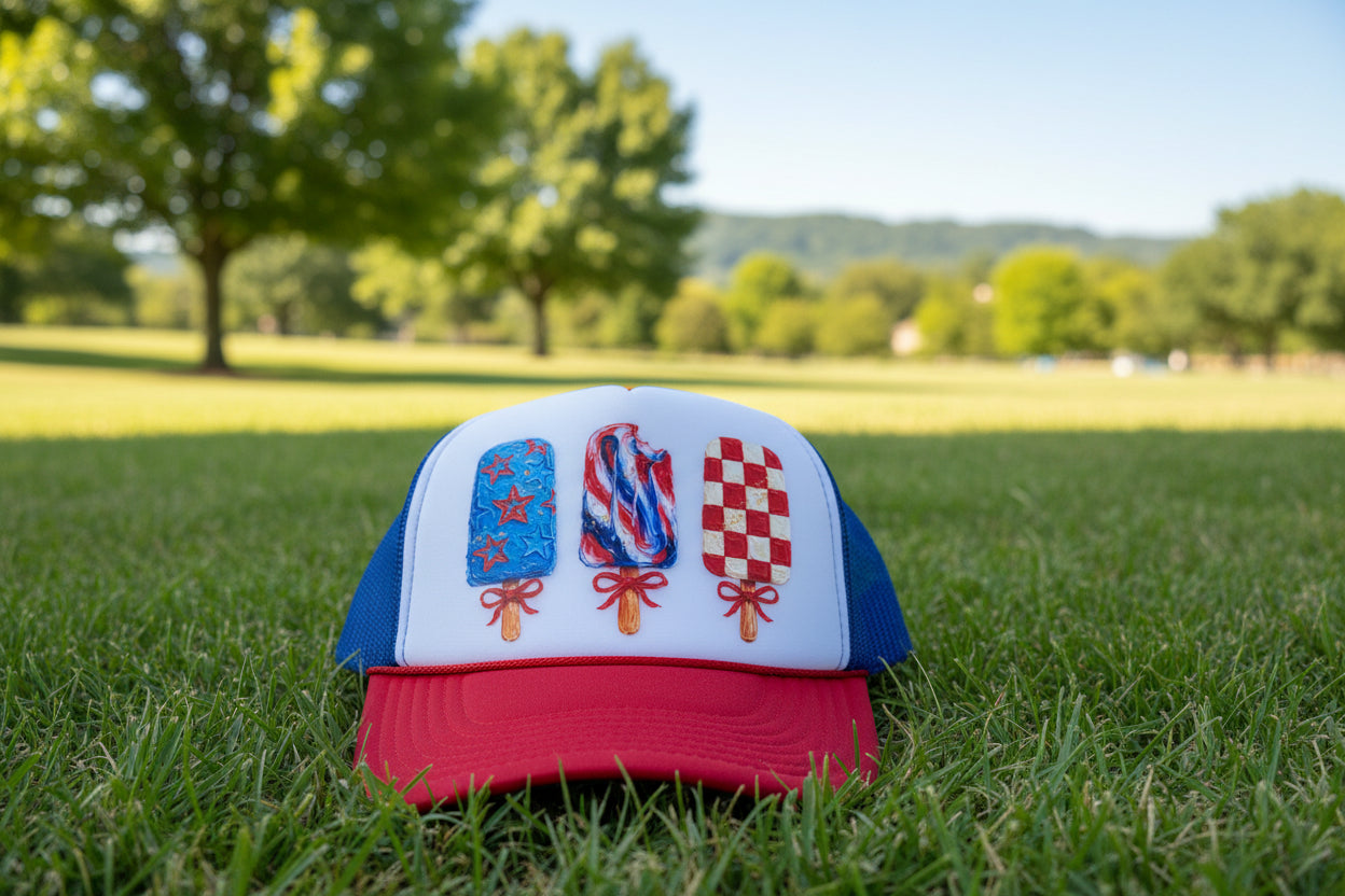 A red and white trucker hat featuring three patriotic popsicle illustrations on the front panel, resting on a light wood surface.