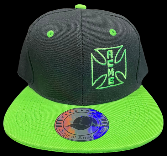 ACME Embroidered Logo - Flat Bill Vintage Snapback - Black & Neon Green