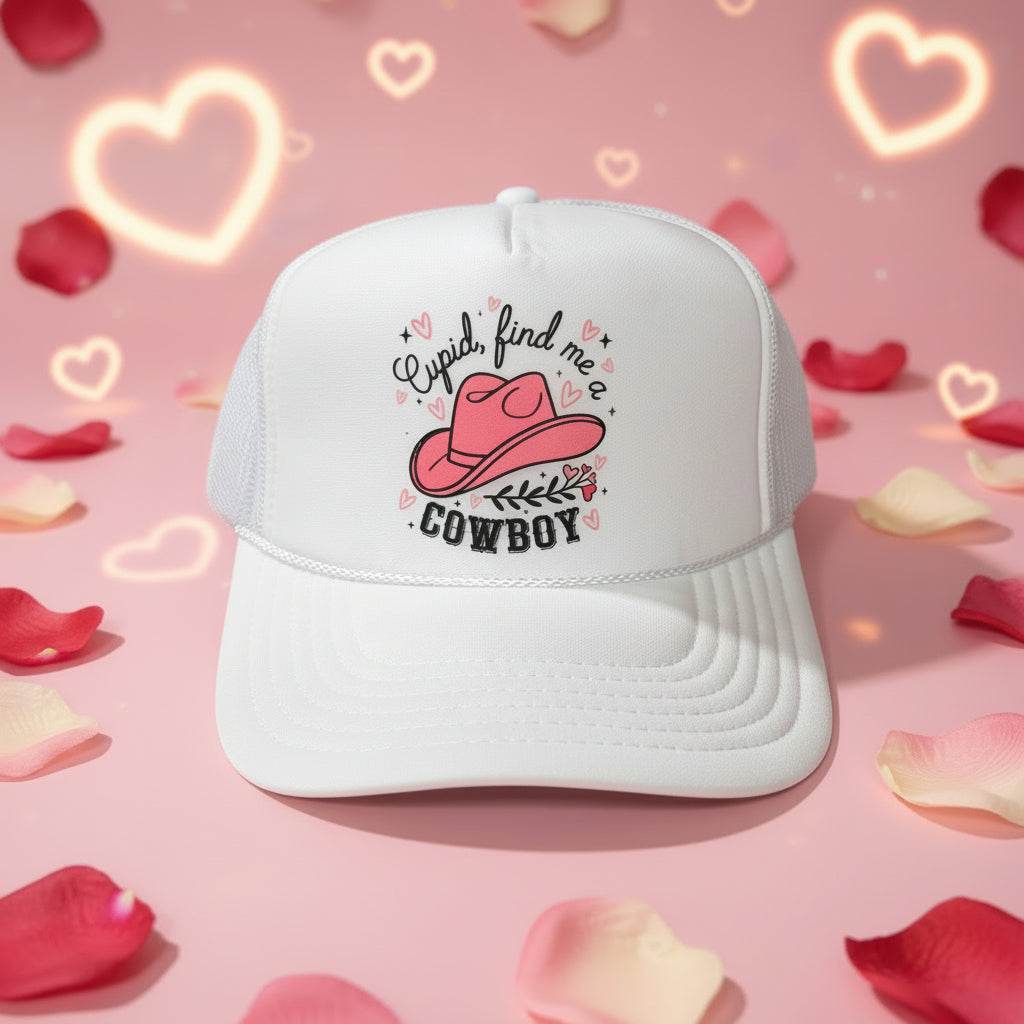 A white trucker hat with a pink cowboy hat graphic and the words 'Cupid, find me a COWBOY' on the front panel, photographed on a wooden surface.