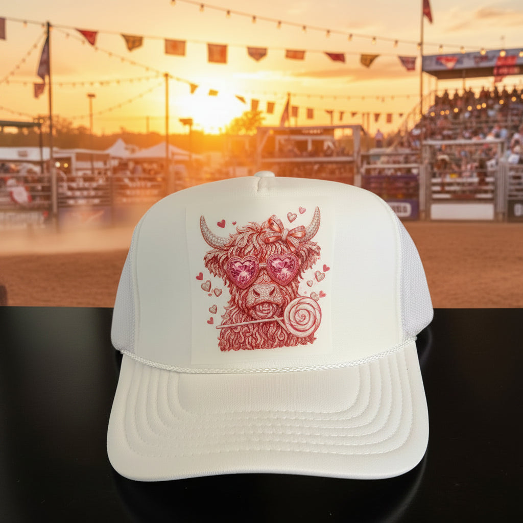 A white trucker hat with a pink and red embroidered Scottish highland cow graphic on the front panel. The hat features a white foam front panel, white curved brim, and white mesh back panels.