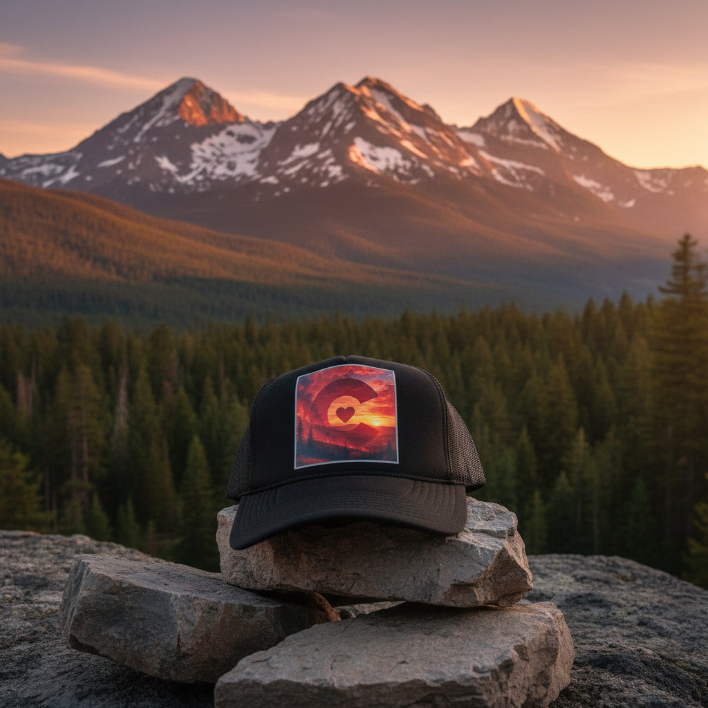 A black trucker-style cap with a custom square graphic patch featuring a red and orange circular logo with a heart.