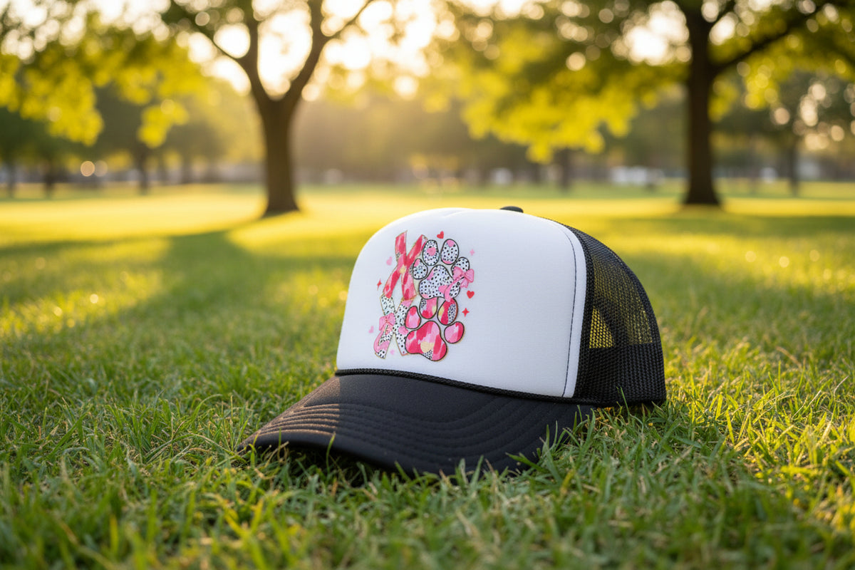 A black and white trucker hat with a custom pink and white foam patch spelling 'XOXO' on the front panel, displayed on a wooden surface.