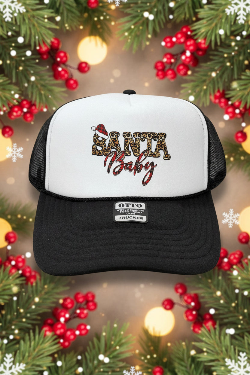 A black and white trucker hat with 'Santa Baby' 