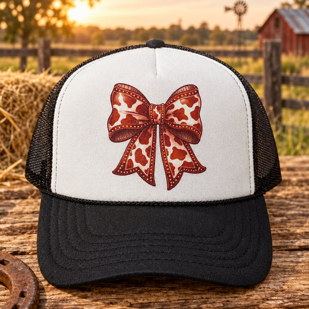 A black and white trucker hat with a red and white bow design on the front, displayed on a wooden table with other hats and crafting equipment in the background.
