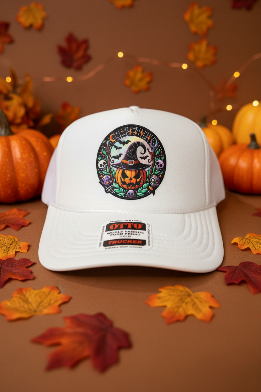 A white trucker hat with a circular Halloween graphic on the front panel, featuring a jack-o'-lantern, witch hat, bats, and skulls. The sticker on the brim reads 'OTTO OTTO WORLD FAMOUS FOAM FRONT OSM TRUCKER'.
