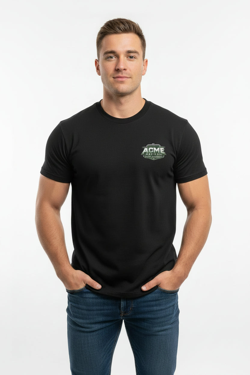 A black short-sleeve t-shirt hanging on a white hanger from a black wire display rack. The shirt features a green and white 'ACME' logo on the left chest.