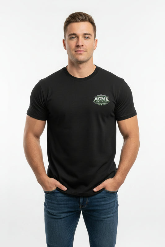 A black short-sleeve t-shirt hanging on a white hanger from a black wire display rack. The shirt features a green and white 'ACME' logo on the left chest.