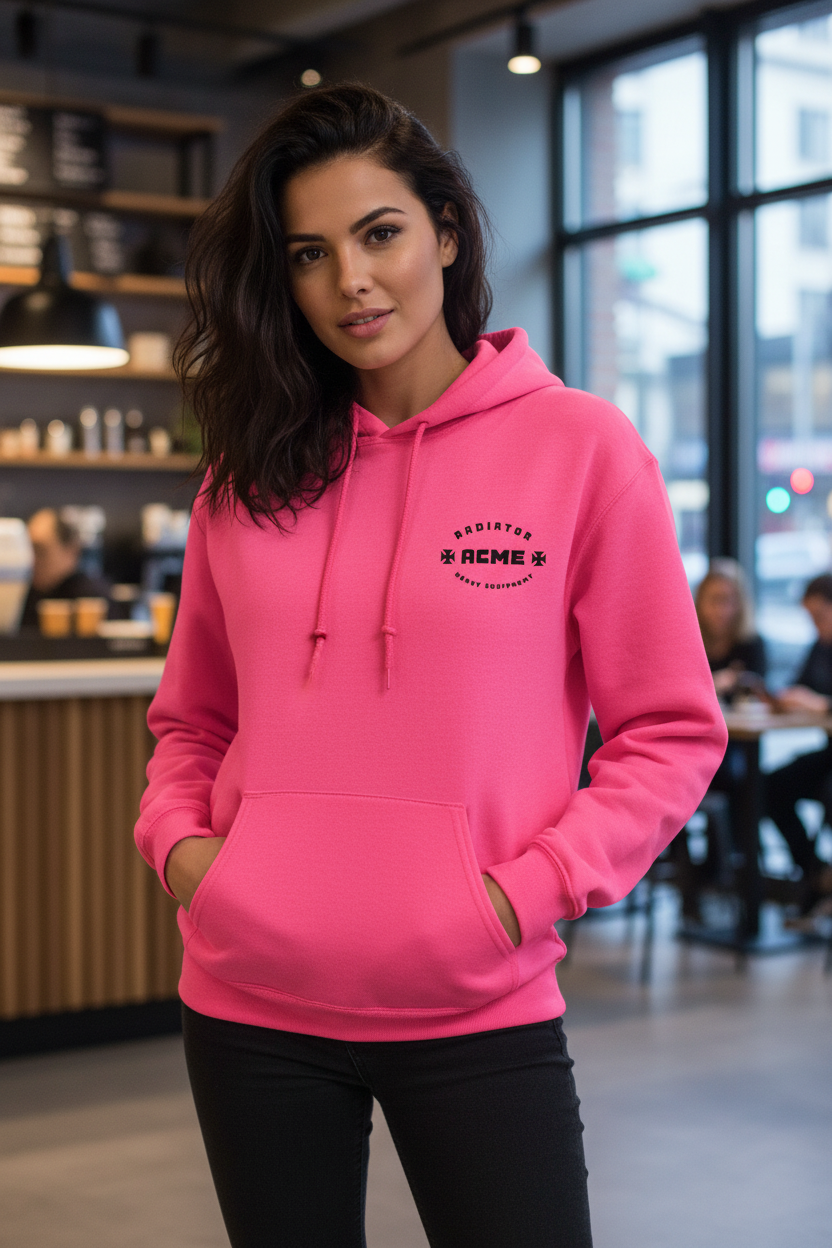 A woman wearing a bright pink pullover hoodie with a black 'ACME' logo on the left chest, standing in a blurred cafe environment.