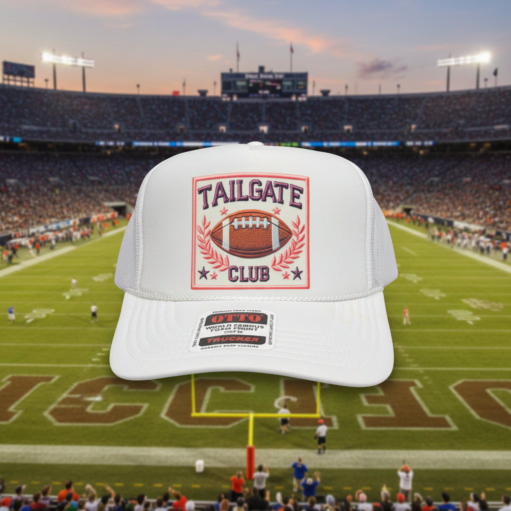 A white trucker hat with a custom 'TAILGATE CLUB' football graphic on the front panel. The hat features a white foam front and white mesh back panels, with a visible Otto Trucker sticker on the brim indicating the brand and foam front material.