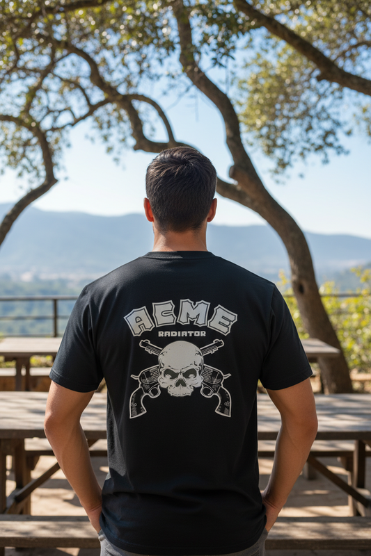 A man viewed from behind wearing a black t-shirt with a white graphic print on the back. The graphic features the text 'ACME Radiator' above a skull and crossed revolvers.