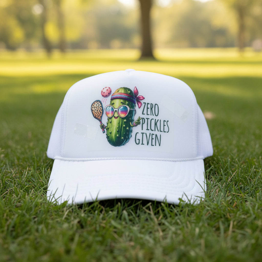 A white trucker hat with a graphic of a pickle character holding a tennis racket and the text 'ZERO PICKLES GIVEN' on the front. The hat is resting on a wooden table, with a visible Otto Trucker foam front patch.