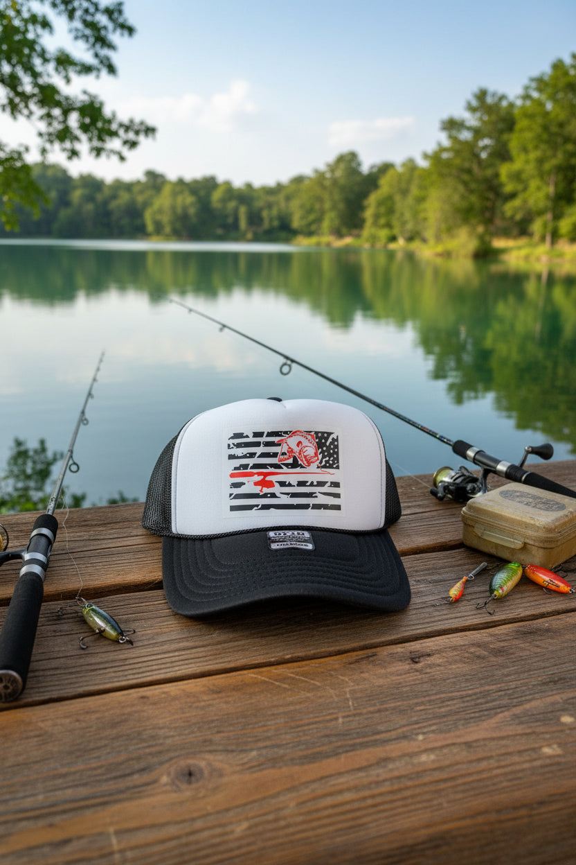 A black and white trucker hat with a distressed American flag graphic on the front featuring a red bass & fishing pole, resting on a rustic wooden surface.
