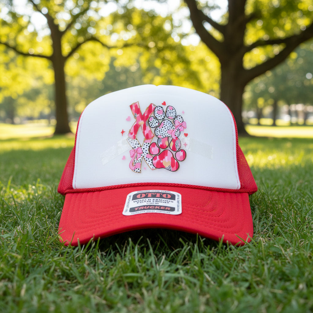 A red and white trucker hat with a custom pink and white graphic on the front panel, featuring a patch that reads 'XOXO' with a paw print. The brim has a visible 'OTTO' brand sticker.