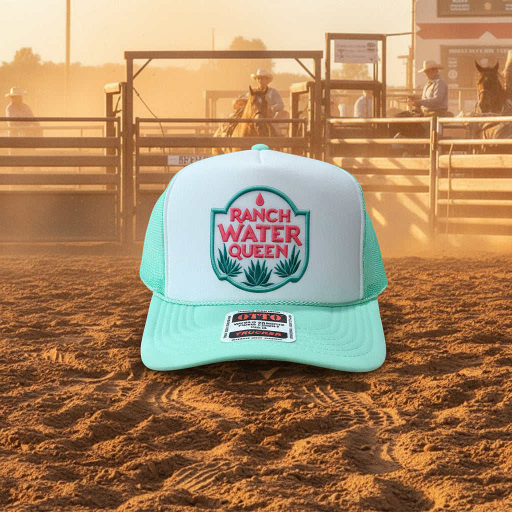 A mint green and white trucker hat featuring a 'Ranch Water Queen' embroidered patch on the front. The hat has a white front panel, mint green mesh back, and a matching mint green visor with a retail sticker attached.