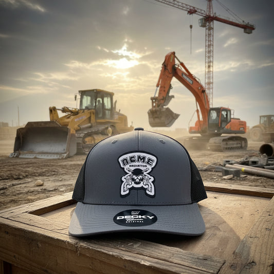 A dark gray and black trucker cap with a white and black 'ACME Radiator' skull patch on the front. The brim features a black circular 'Decky Classic Original' sticker, and a black retail hangtag is attached on the side.