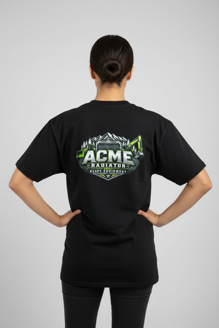 A black short-sleeve t-shirt hanging on a white hanger, featuring a large 'ACME Radiator' graphic on the chest in green, white, and gray. The shirt is displayed on a black wire rack in a retail store setting.