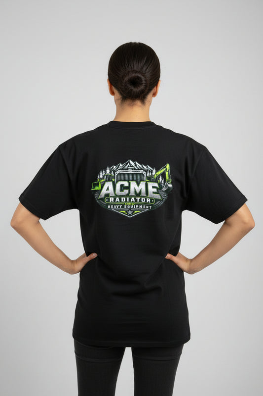A black short-sleeve t-shirt hanging on a white hanger, featuring a large 'ACME Radiator' graphic on the chest in green, white, and gray. The shirt is displayed on a black wire rack in a retail store setting.