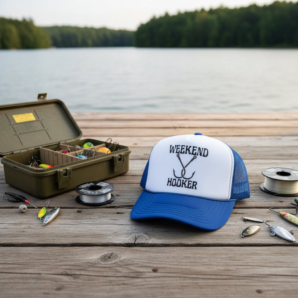A blue and white trucker hat with 'WEEKEND HOOKER' and an anchor graphic printed on the front, displayed on a wooden dock with fishing gear and a lake in the background.