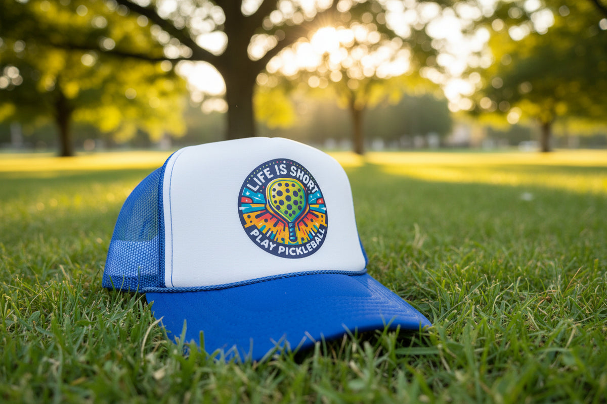 A blue and white trucker hat with a colorful pickleball-themed patch on the front. The patch reads 'LIFE IS SHORT PLAY PICKLEBALL' and features a yellow pickleball with blue dots.