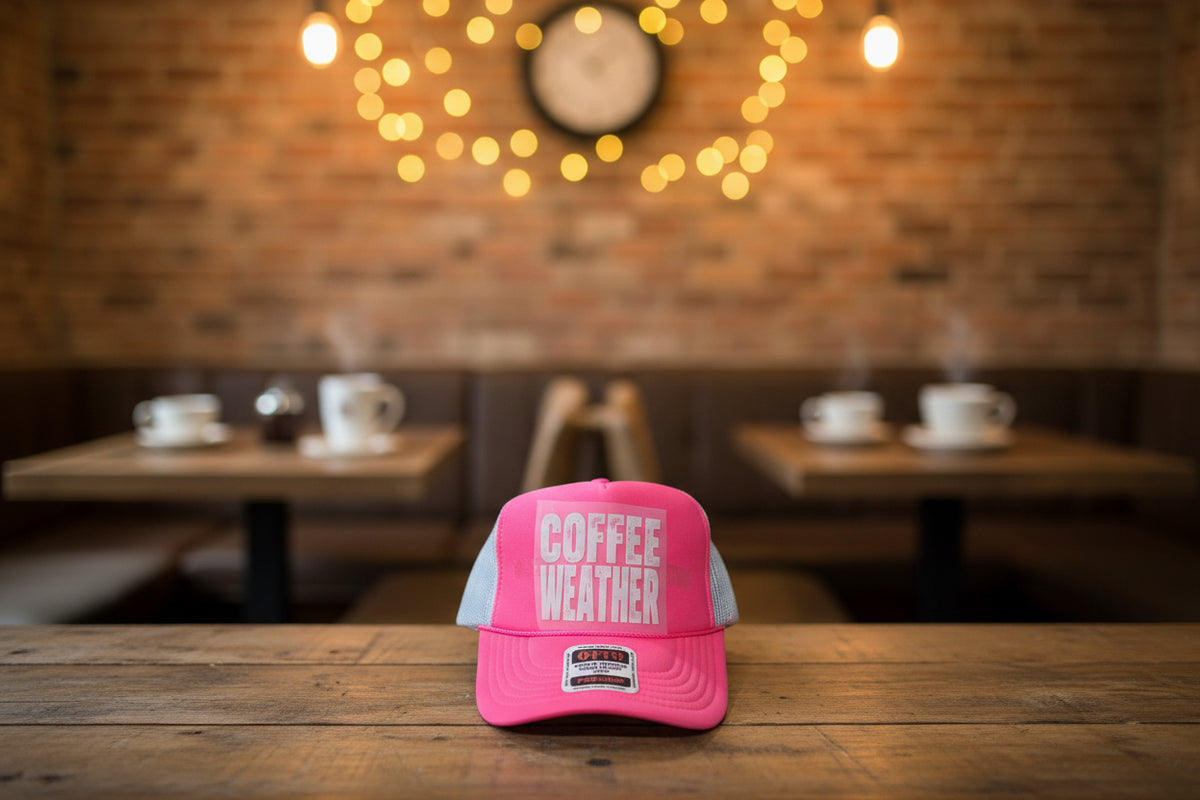 A bright pink trucker hat with white mesh side panels and a large white 'COFFEE WEATHER' graphic on the front, sitting on a wooden table. The brim has a visible Otto Trucker patch.