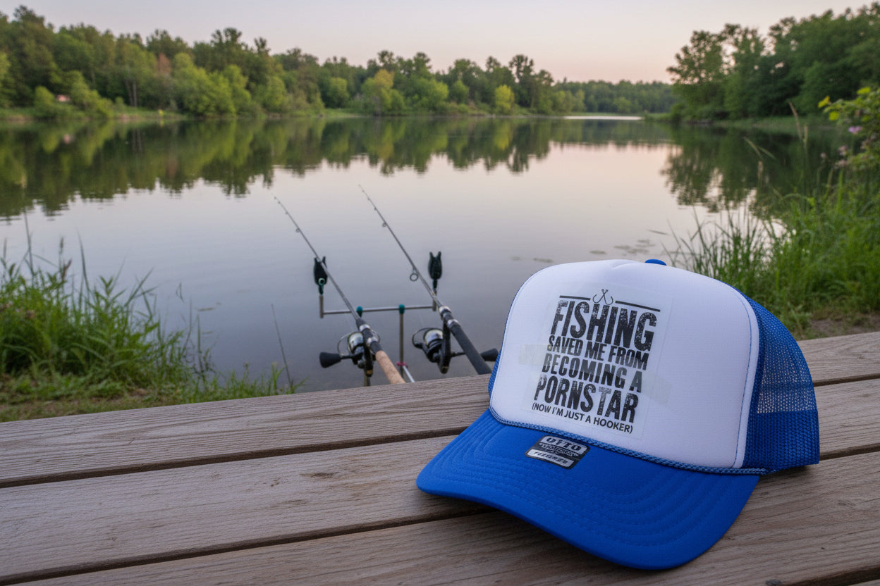 A blue and white trucker hat with a humorous text graphic on the front panel