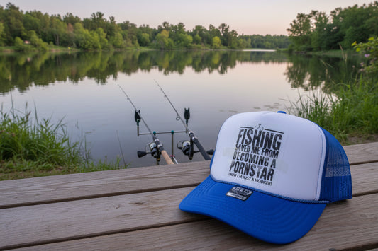 A blue and white trucker hat with a humorous text graphic on the front panel