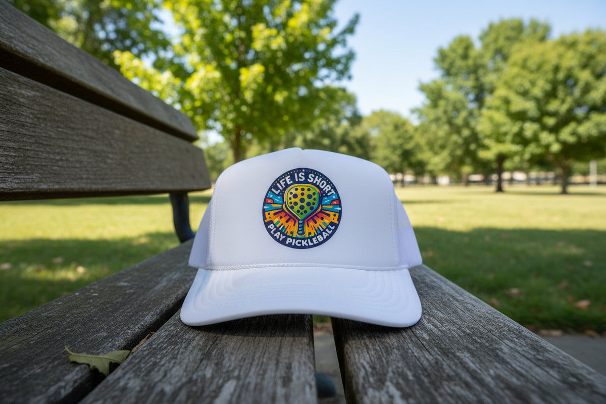 A white trucker hat with a colorful circular 'Life Is Short, Play Pickleball' patch on the front and an Otto brand sticker on the visor, resting on a wooden surface.