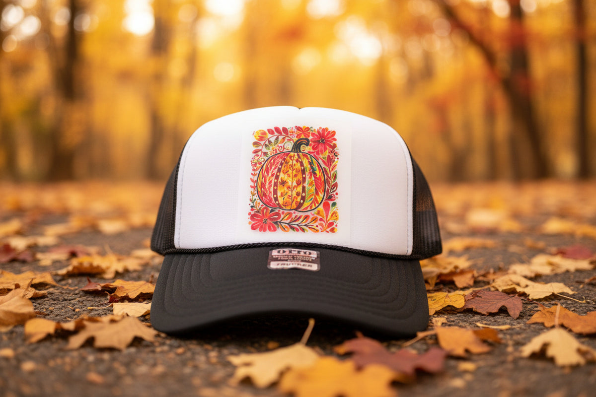 Fall Floral Pumpkin Trucker Hat