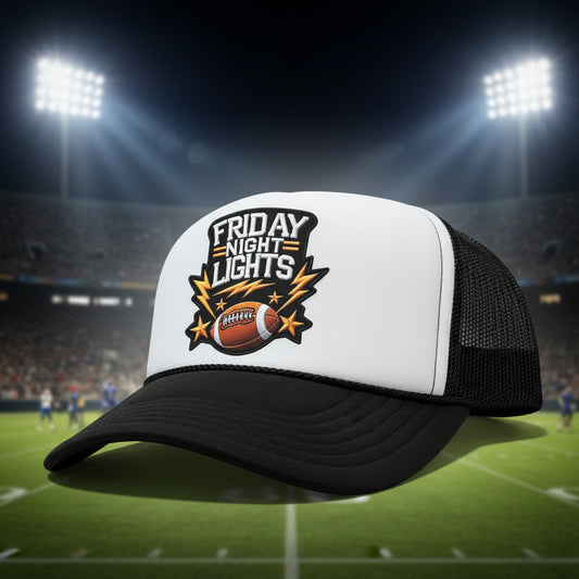 A black and white trucker hat with a 'Friday Night Lights' football patch on the front.