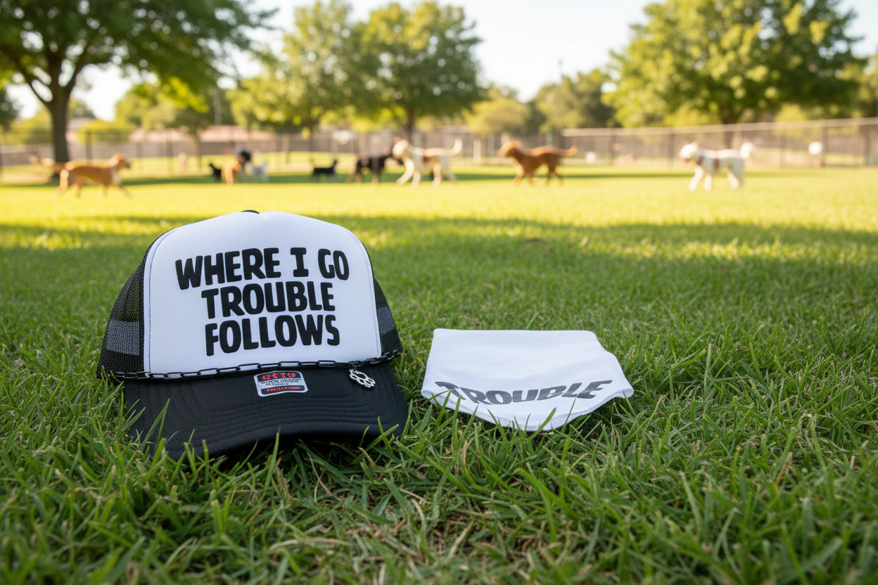 Dog Where I Go Trouble Follows - OTTO Foam Trucker Hat with Hat Chain & Bandana