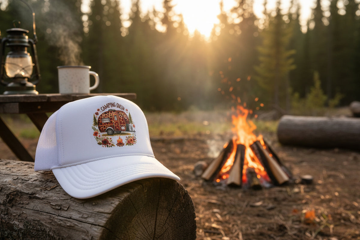 A white trucker hat with a foam front and mesh back, featuring a 'Camping Queen' graphic of a leopard-print trailer surrounded by flowers. The brim has a visible Otto Trucker label, and the hat is displayed on a rustic wooden surface.